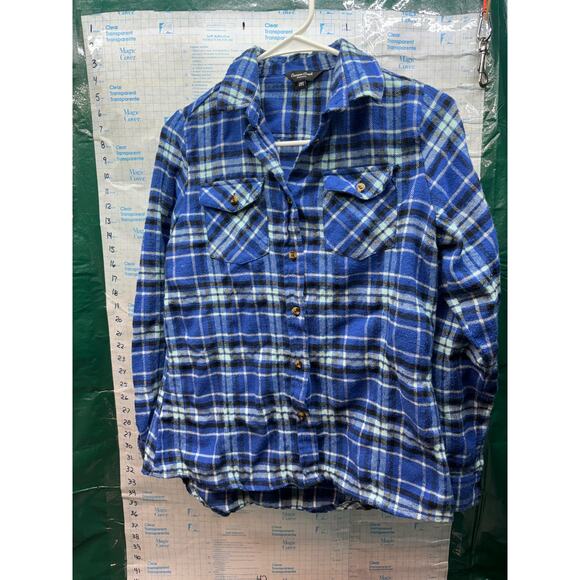 Canyon Creek Womens Medium Blue Plaid Check Casual Button Down Flannel Pocket - Picture 2 of 5